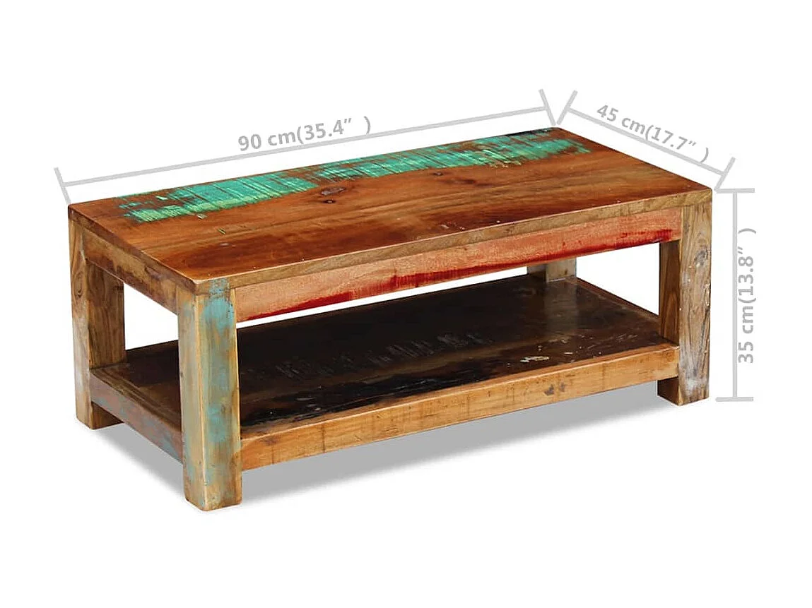 Goldfarbener Couchtisch aus massivem Altholz, 90 x 45 x 35 cm