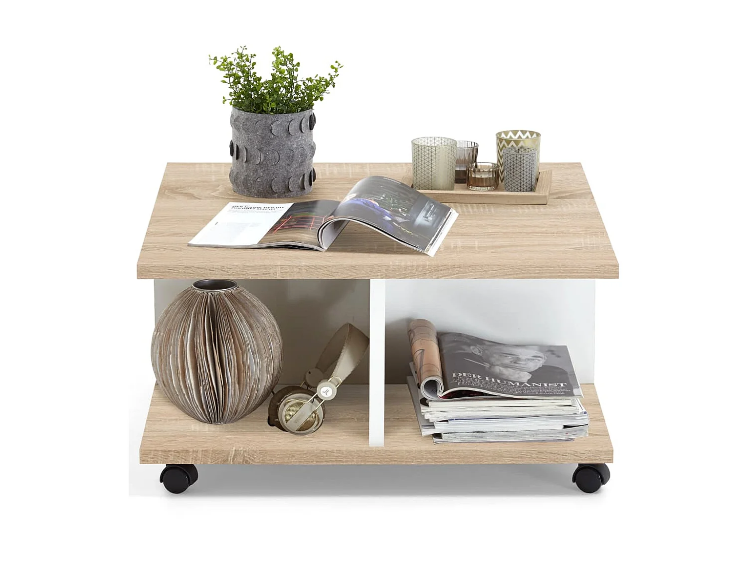 FMD Mobiler Couchtisch 70x70x36 cm Eiche und glänzendes Weiß