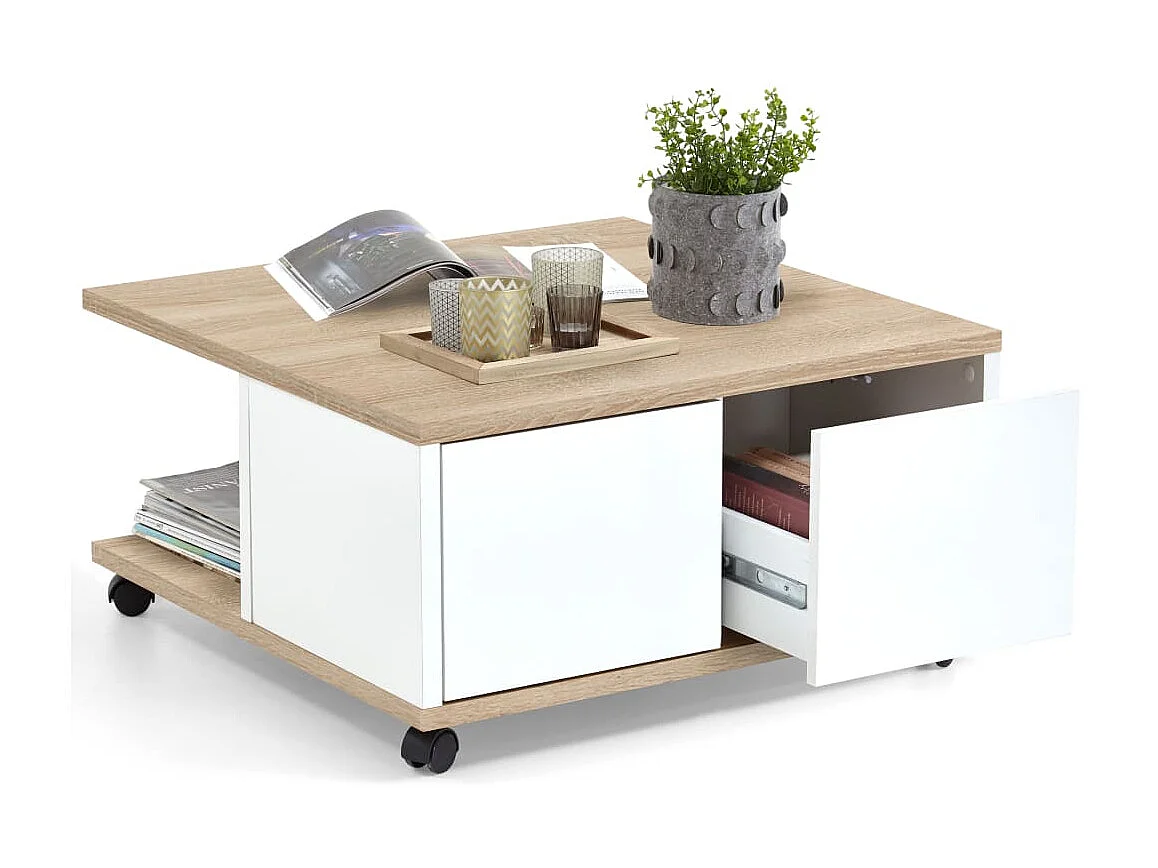 FMD Mobiler Couchtisch 70x70x36 cm Eiche und glänzendes Weiß