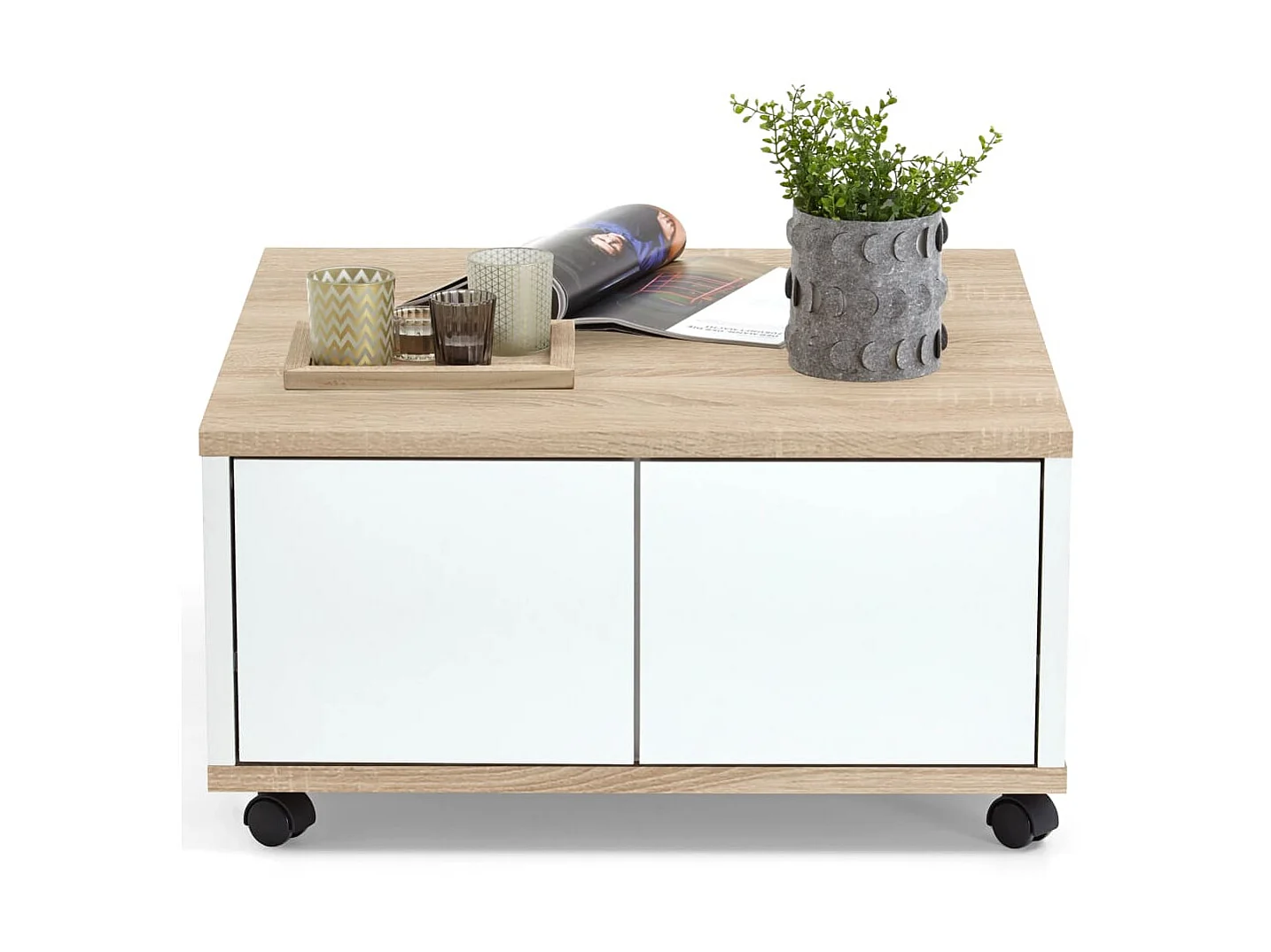 FMD Mobiler Couchtisch 70x70x36 cm Eiche und glänzendes Weiß