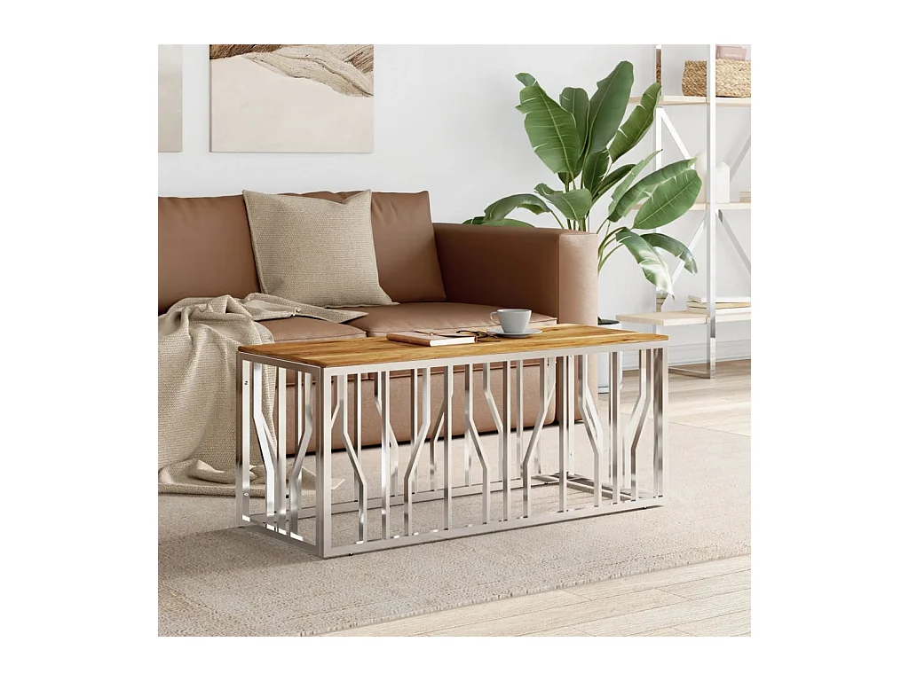 Table basse argenté acier inoxydable et bois massif d'acacia