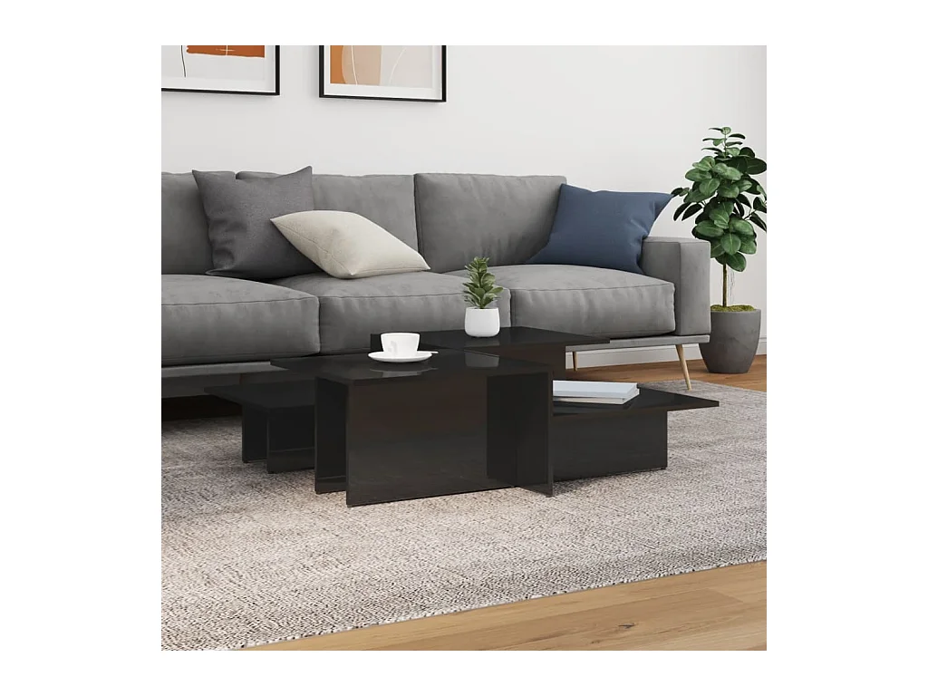 Goldene Couchtische, 2 Stück, glänzend schwarzes Holzwerkstoff