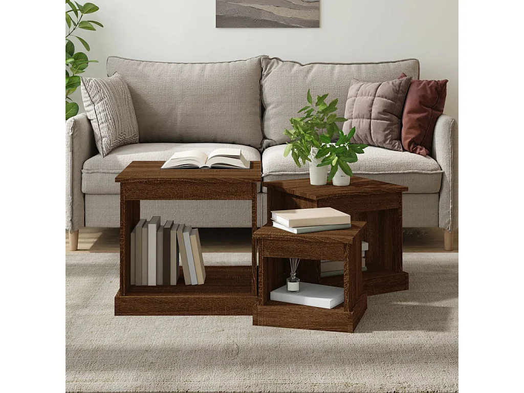 Tavolini impilabili Gold 3 pezzi in MDF rovere marrone