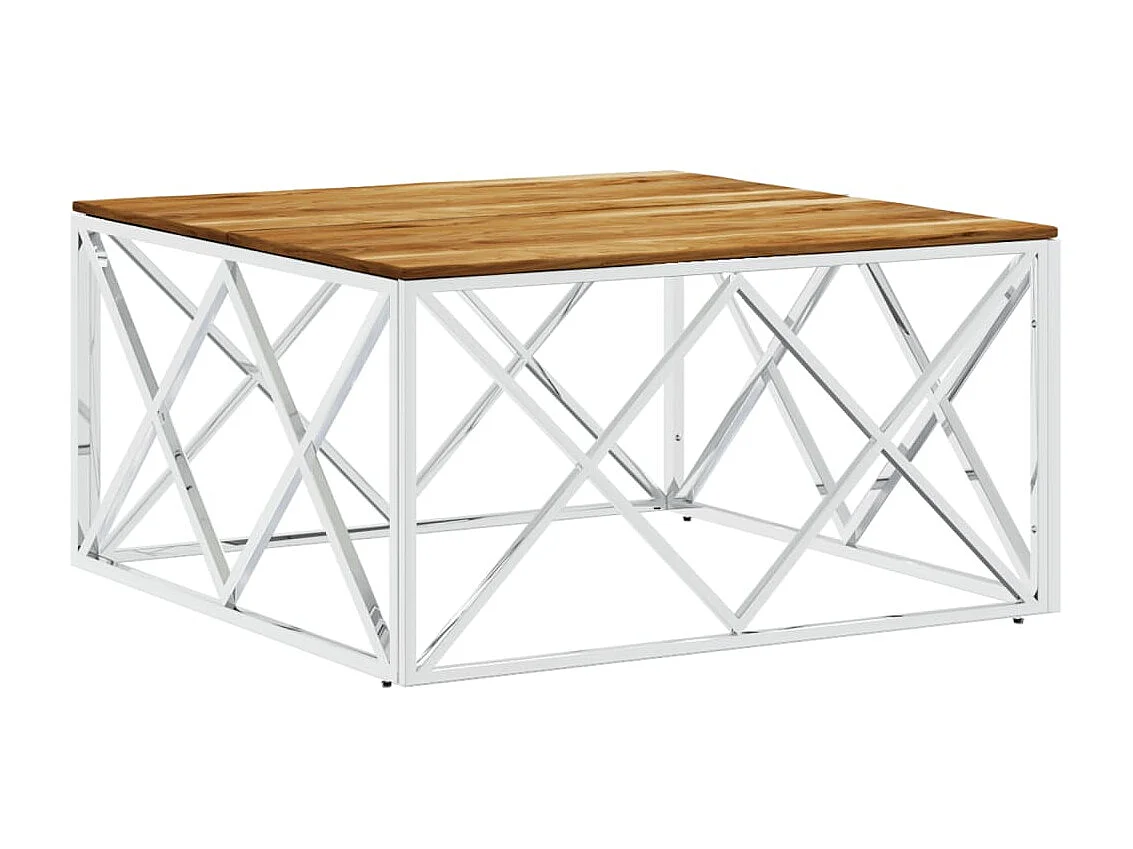 Mesa de centro dourada em aço inoxidável prateado e madeira maciça de acácia