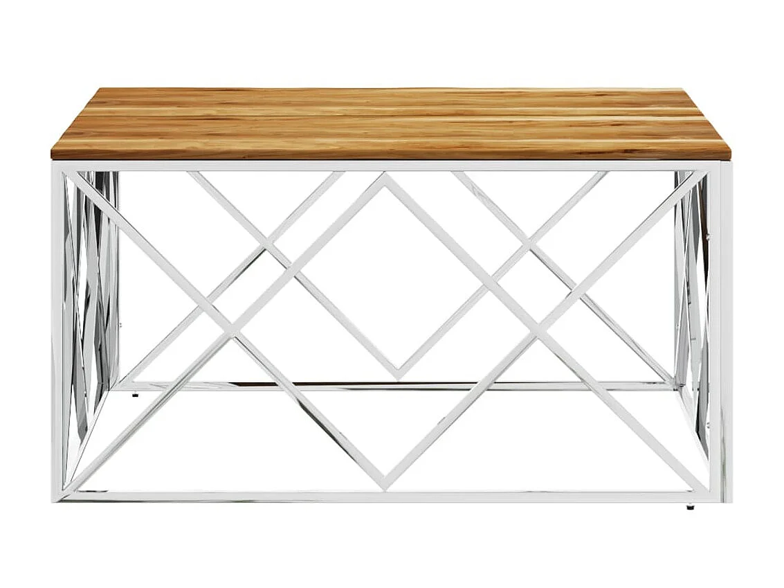 Mesa de centro dourada em aço inoxidável prateado e madeira maciça de acácia