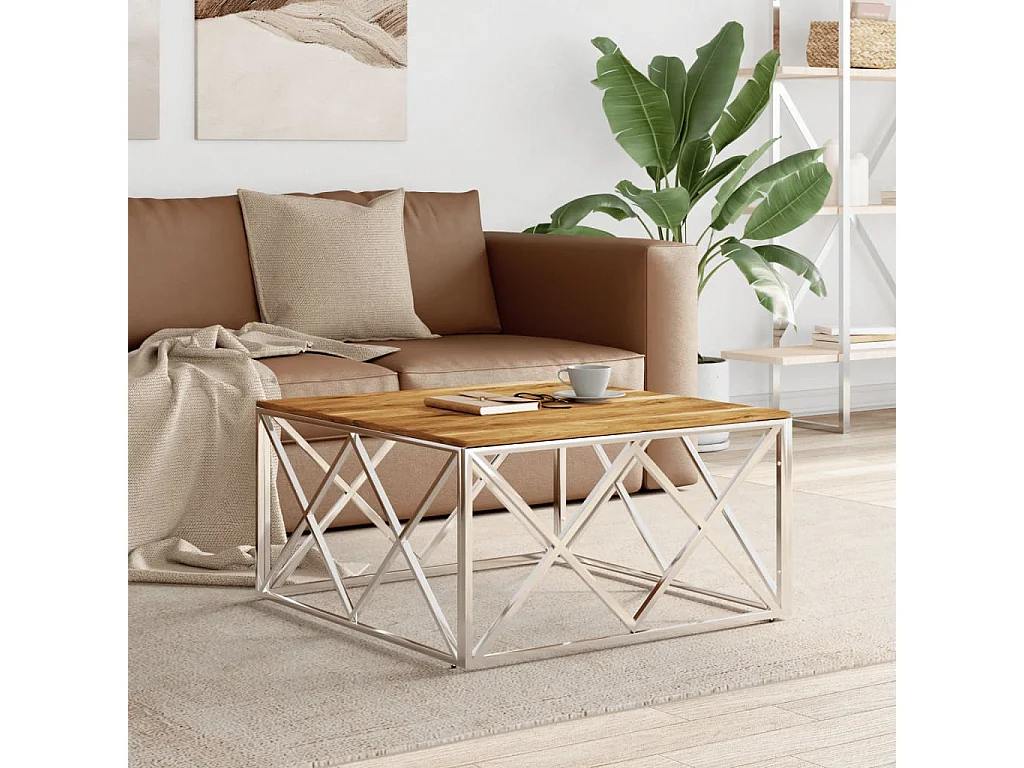 Table basse argenté acier inoxydable et bois massif d'acacia