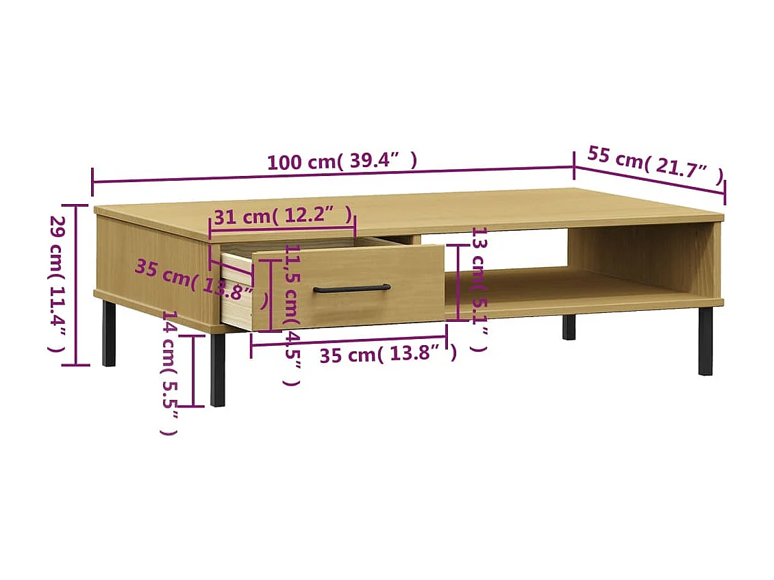 Mesa de centro dourada com pés de metal Castanho Madeira maciça de pinho OSLO