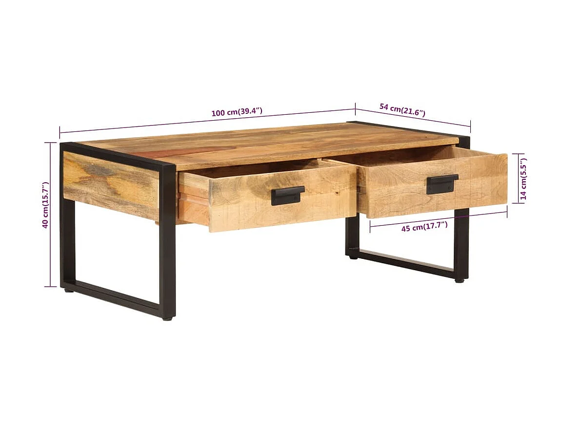 Table basse 100x54x40 cm bois de manguier solide et fer