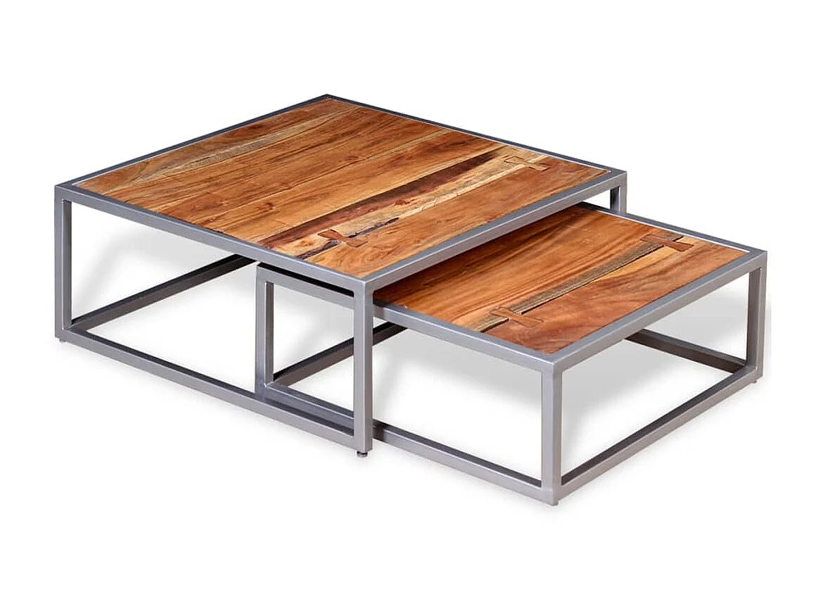 Juego de mesa de centro dorada de 2 piezas de madera maciza de acacia