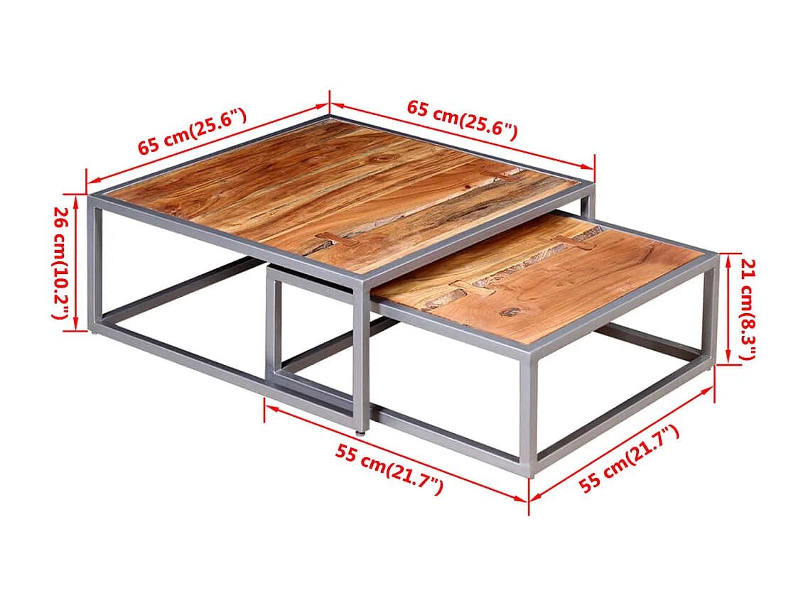 Juego de mesa de centro dorada de 2 piezas de madera maciza de acacia
