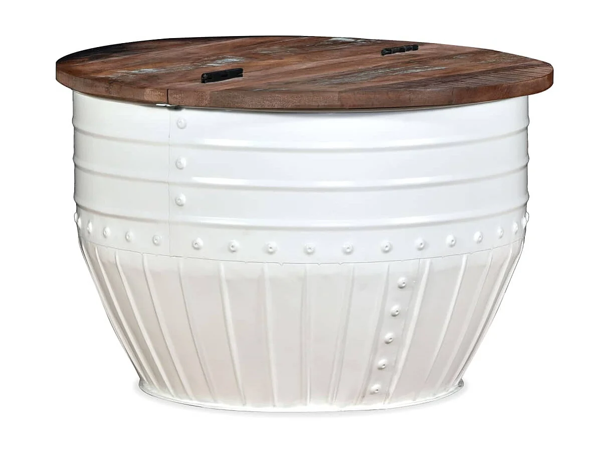 Mesa de centro dorada de madera maciza recuperada con forma de barril blanco