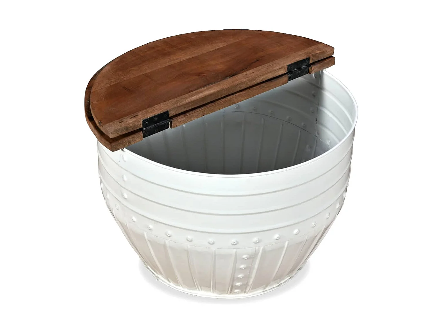 Mesa de centro dorada de madera maciza recuperada con forma de barril blanco