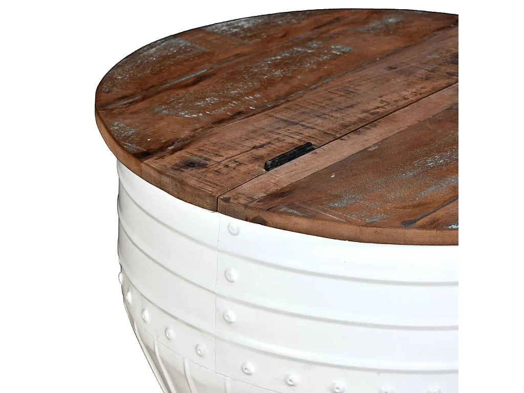 Mesa de centro dorada de madera maciza recuperada con forma de barril blanco