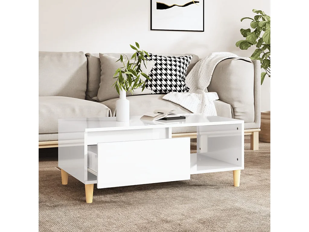 Table basse Blanc brillant 90x50x36,5 cm Bois d'ingénierie