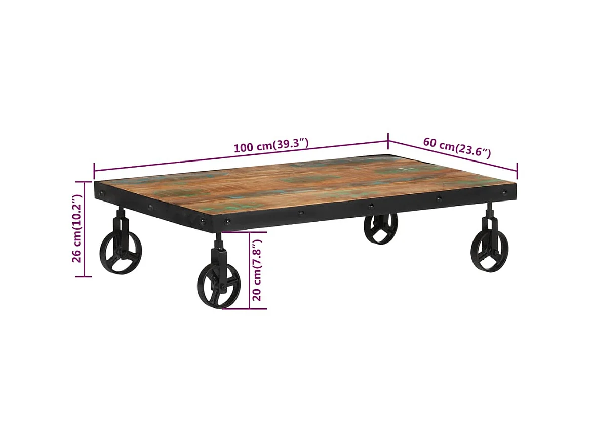 Goudkleurige salontafel op wielen 100x60x26 cm Teruggewonnen hout