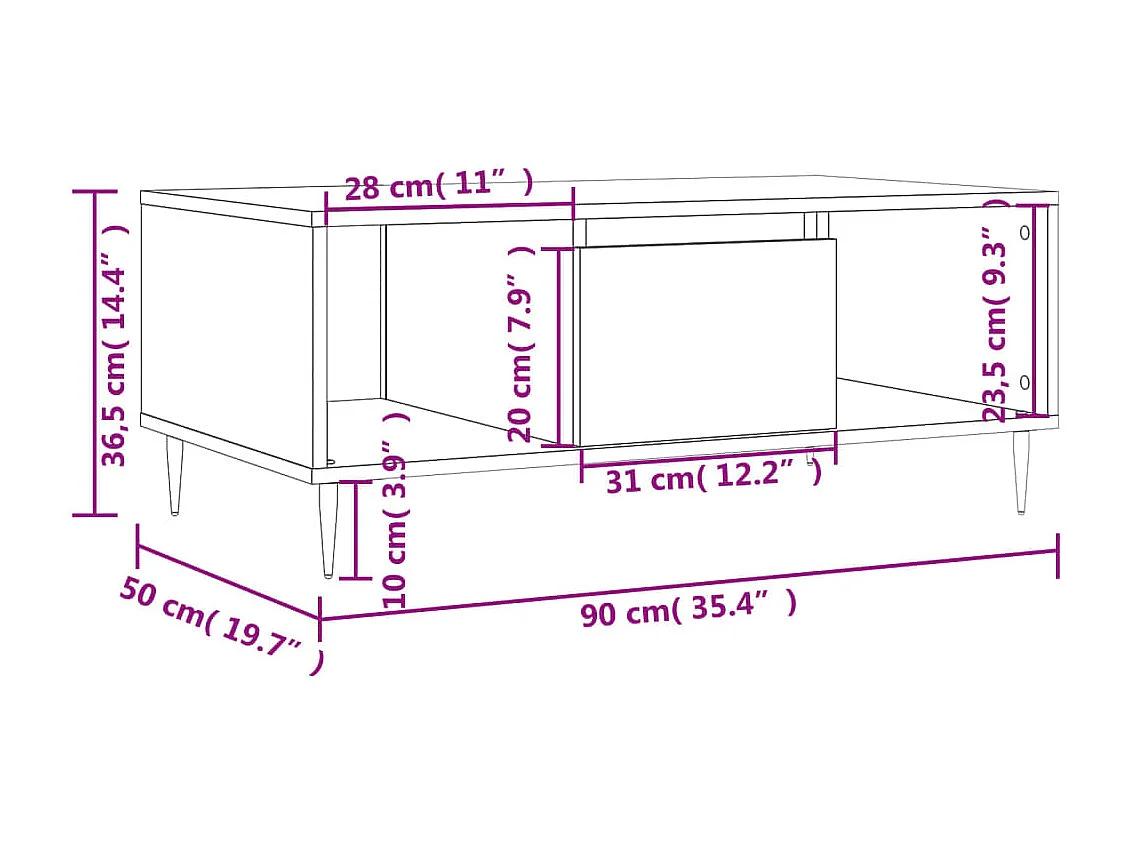 Mesa de centro dourada Carvalho castanho 90x50x36,5 cm Madeira artificial