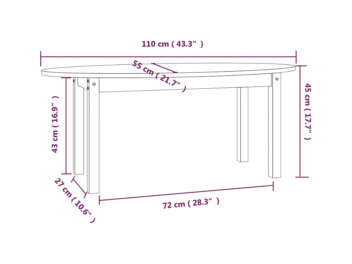 Gold Couchtisch Weiß 110x55x45 cm Massives Kiefernholz