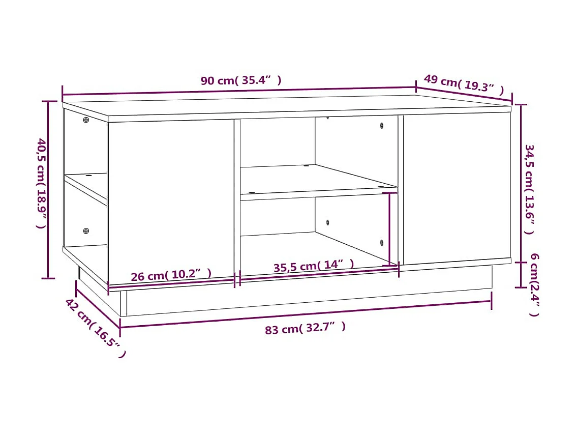 Mesa de centro dourada Cinza 90x49x40,5 cm Madeira maciça de pinho