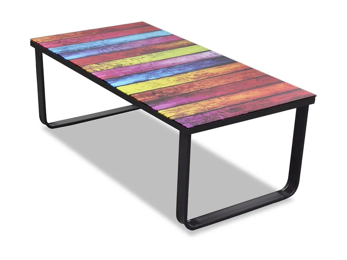 Mesa de centro dorada con tapa de cristal con estampado de arcoíris