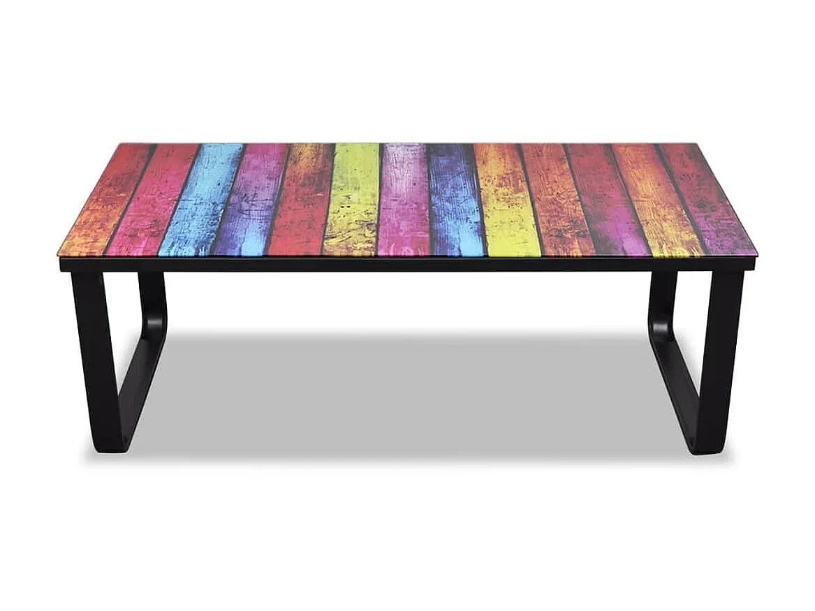 Mesa de centro dorada con tapa de cristal con estampado de arcoíris