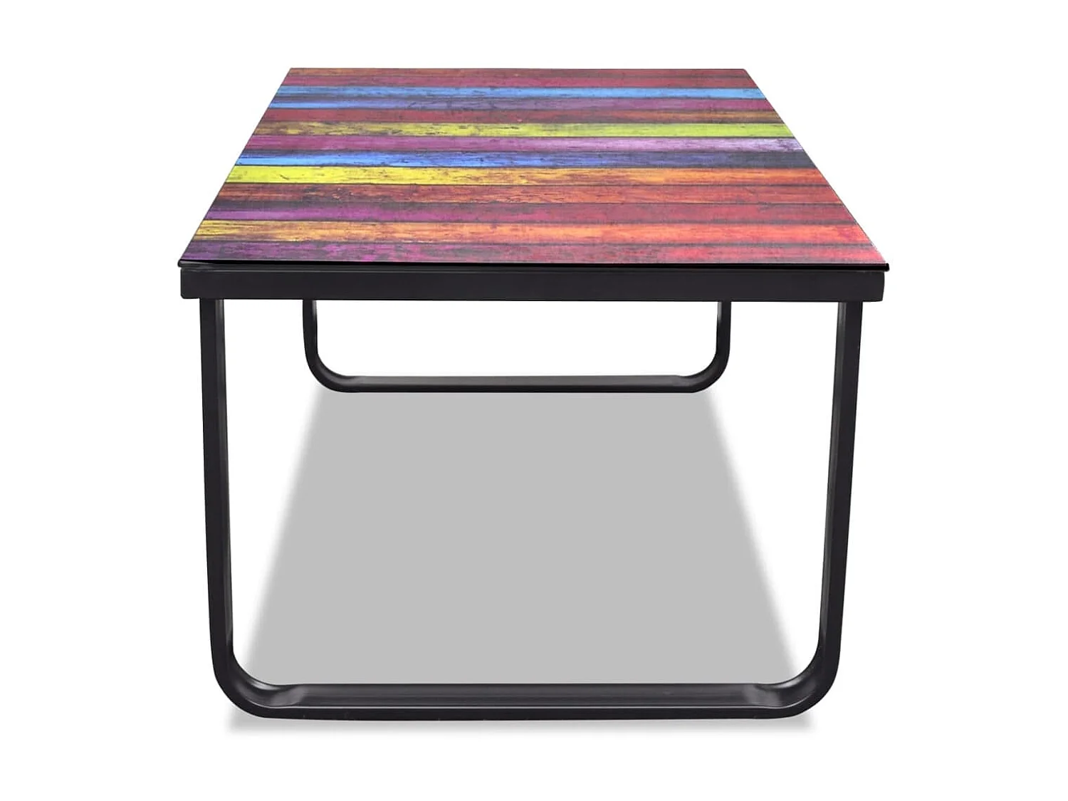 Mesa de centro dorada con tapa de cristal con estampado de arcoíris