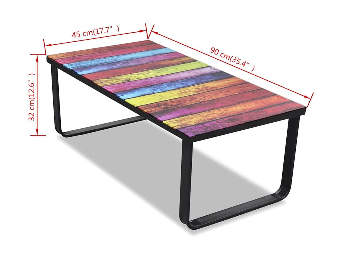 Mesa de centro dorada con tapa de cristal con estampado de arcoíris