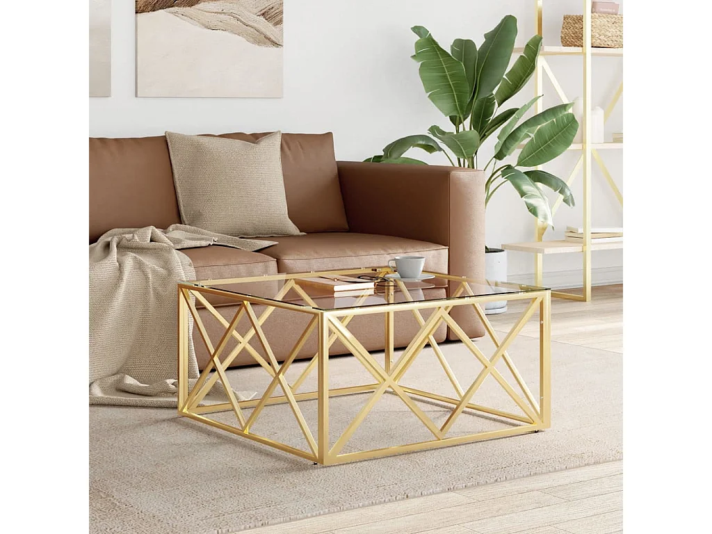 Mesa de centro dourada 80x80x40 cm aço inoxidável e vidro