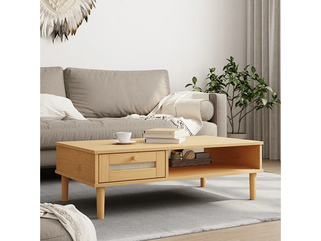 Table basse SENJA aspect rotin marron 100x55x33 cm bois massif