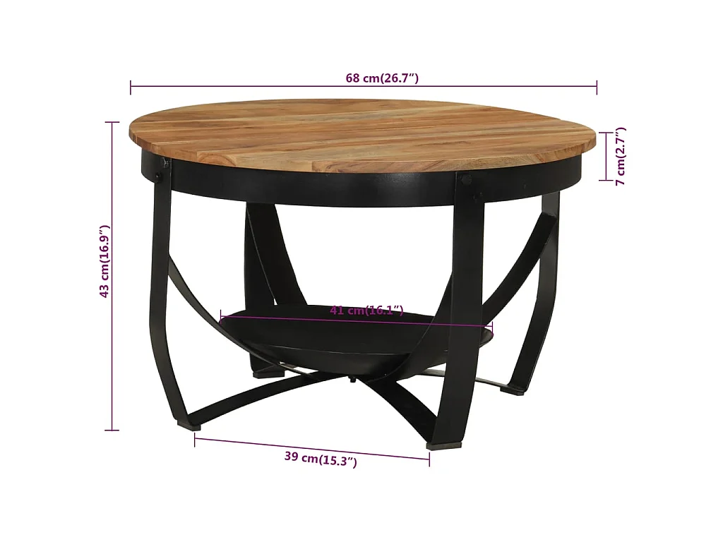 Table basse Ø 68x43 cm bois massif acacia et fer