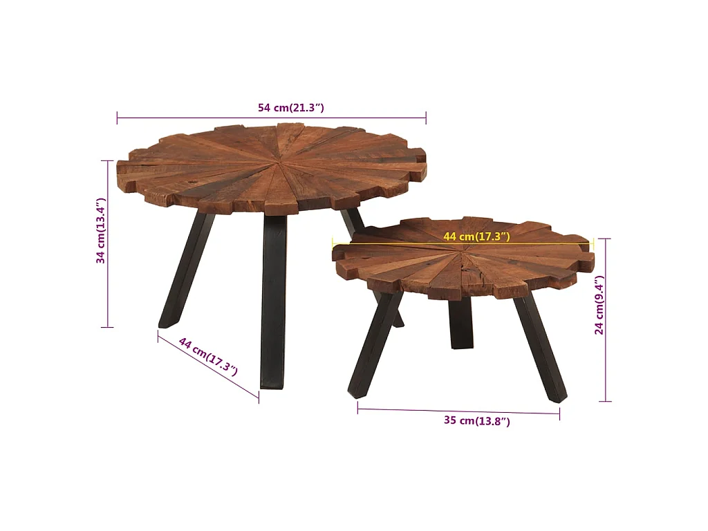Goudkleurige salontafels, 2 stuks teruggewonnen massief hout en ijzer
