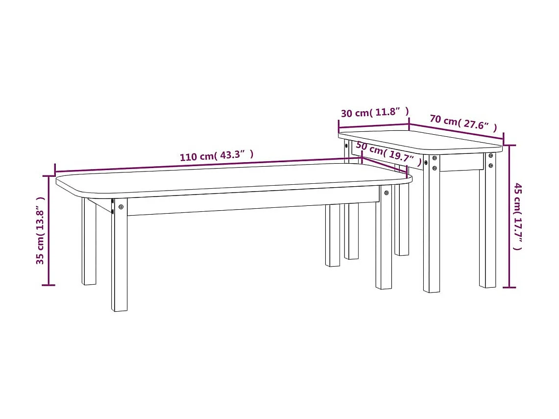 Conjunto de mesa de centro dourada de 2 peças em madeira de pinho maciça preta