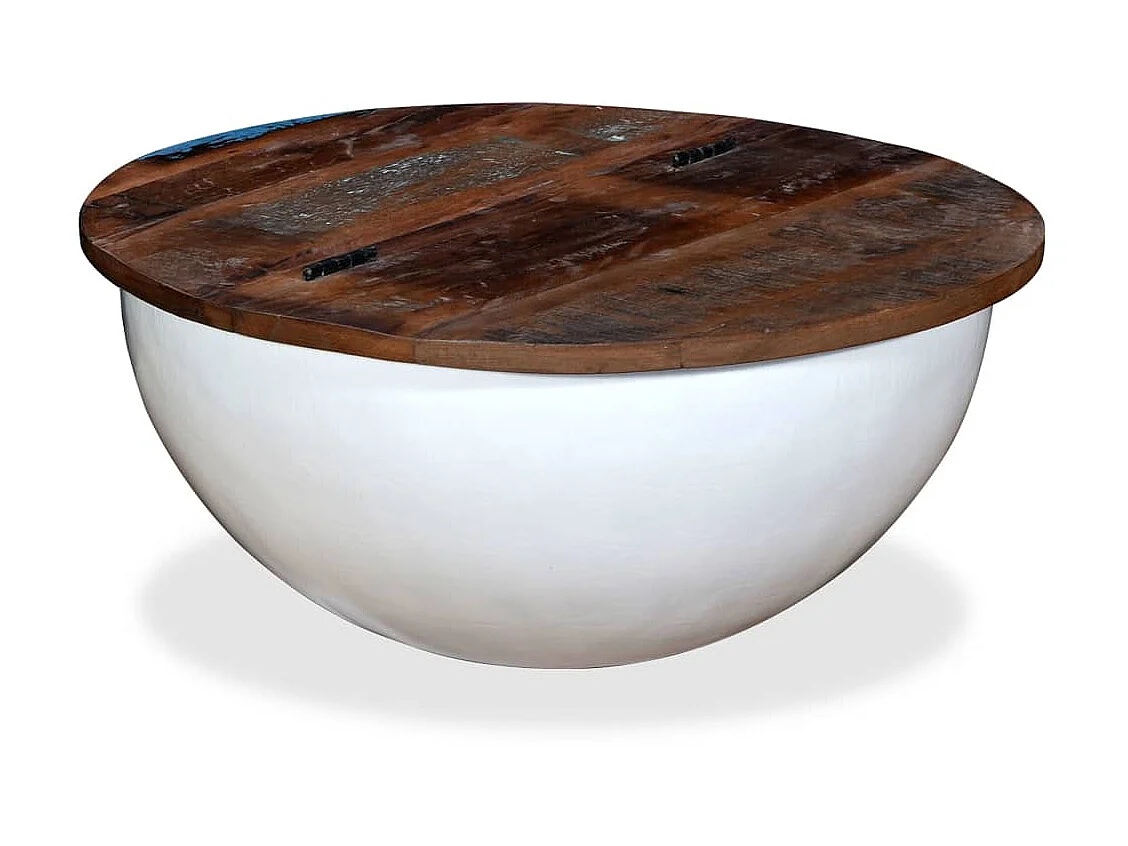 Mesa de centro dorada de madera maciza recuperada con forma de cuenco blanco