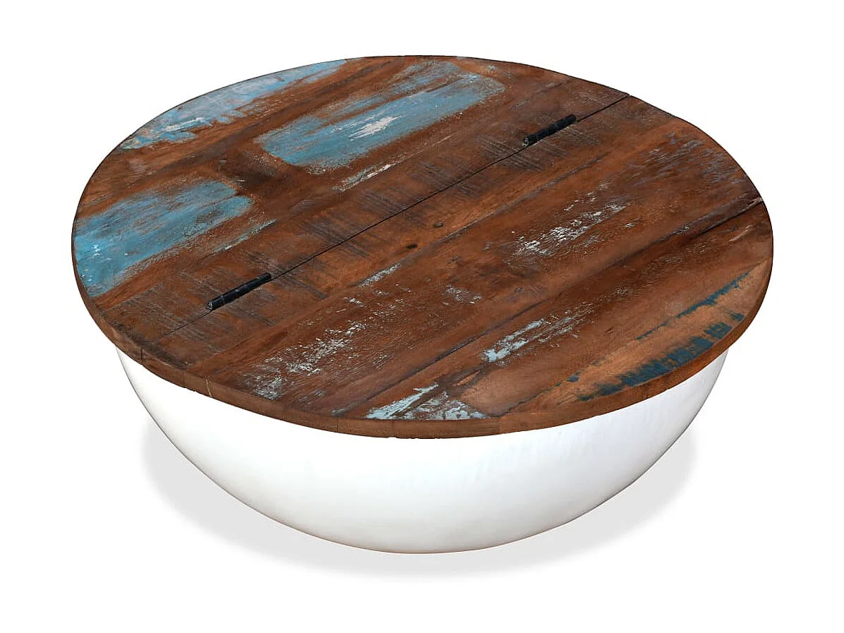 Mesa de centro dorada de madera maciza recuperada con forma de cuenco blanco