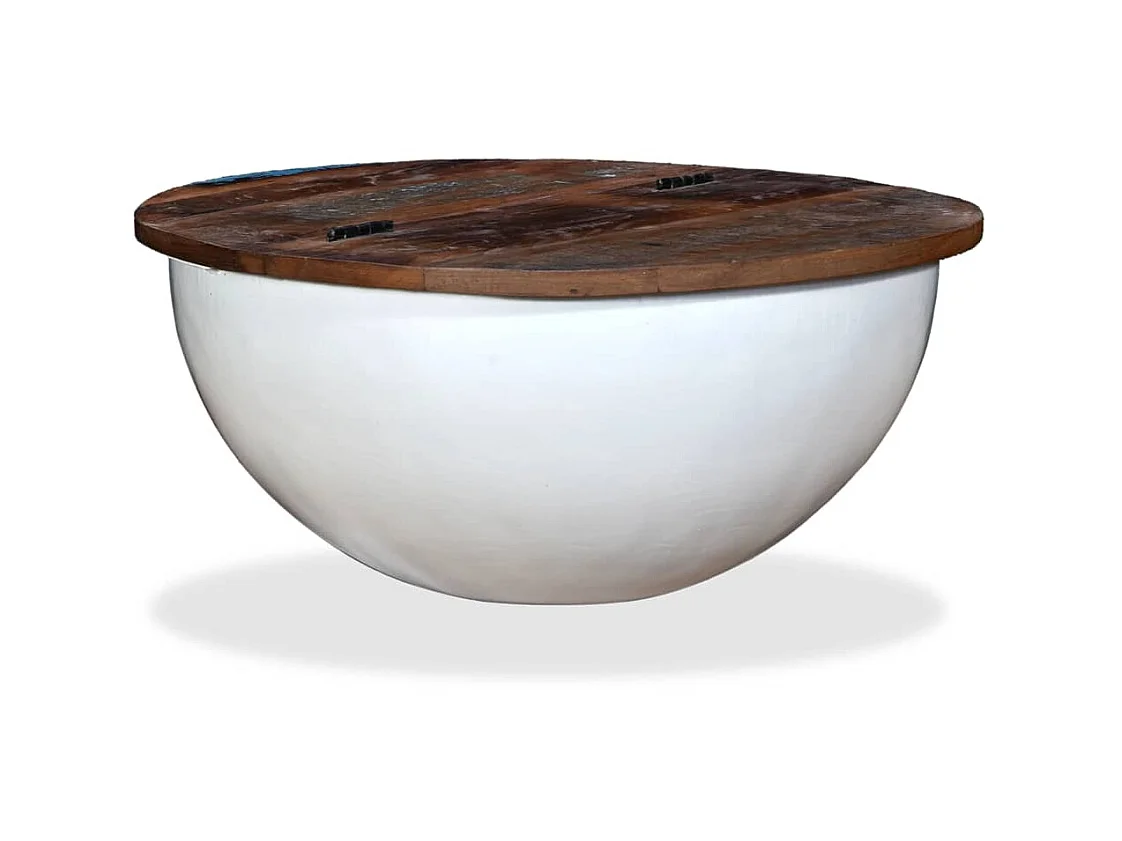 Mesa de centro dorada de madera maciza recuperada con forma de cuenco blanco