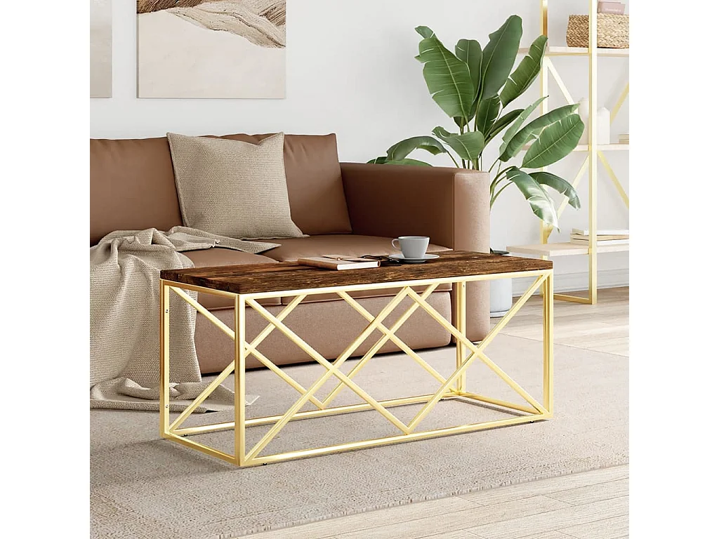 Gouden salontafel roestvrij staal en massief teruggewonnen hout