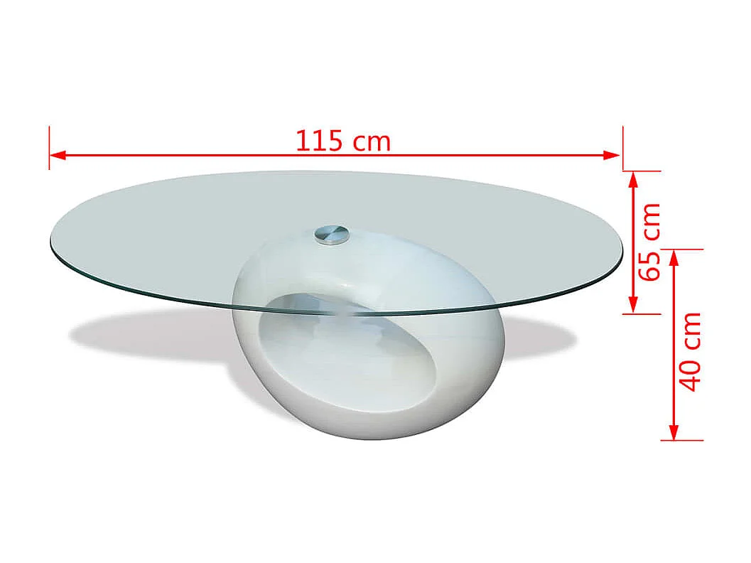 Gouden salontafel met glanzend wit ovaal glazen blad