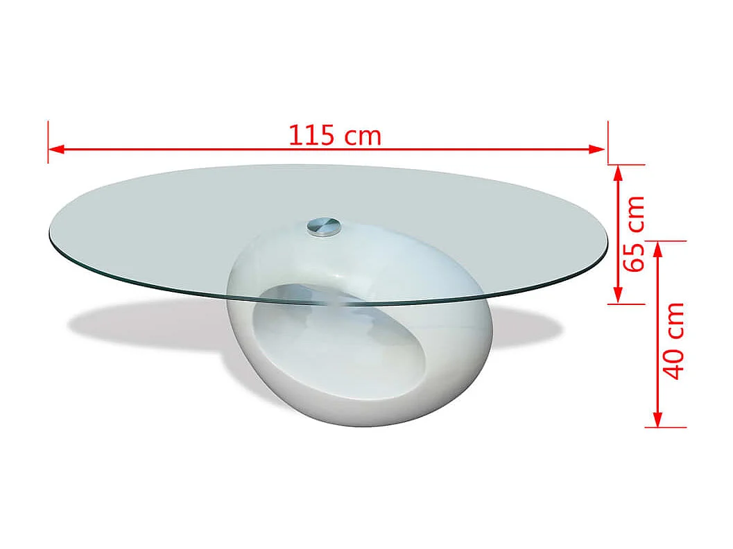 Gouden salontafel met glanzend wit ovaal glazen blad
