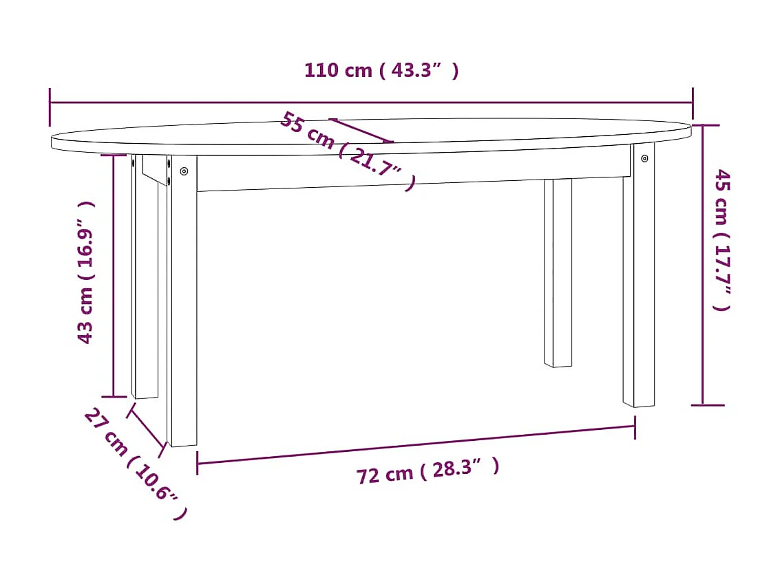 Tavolino Gold 110x55x45 cm Legno di pino massiccio