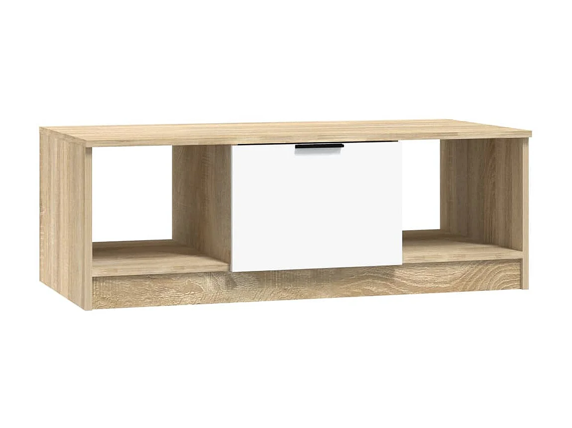Goldfarbener Couchtisch, Weiß und Sonoma-Eiche, 102 x 50 x 36 cm, Holzwerkstoff