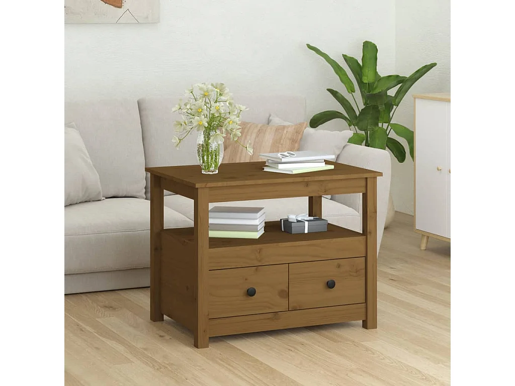 Mesa de centro dourada Castanho mel 71x49x55 cm Madeira maciça de pinho