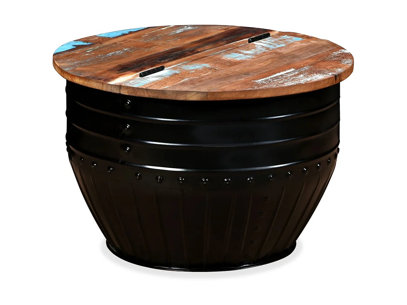 Mesa de centro dorada con forma de barril de madera maciza recuperada, color negro