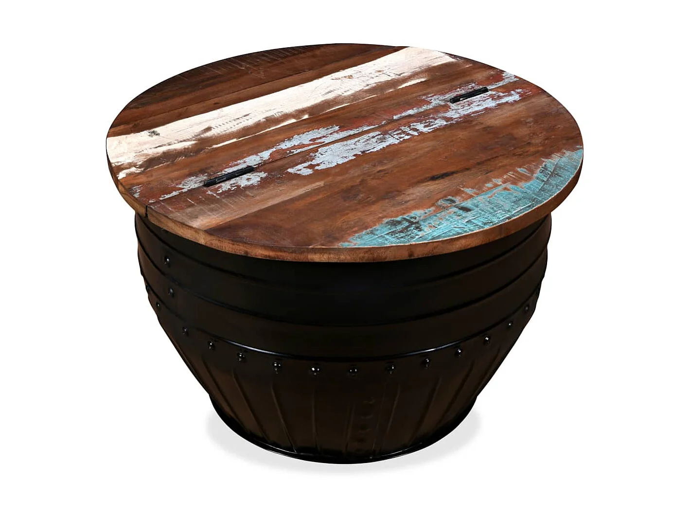 Mesa de centro dorada con forma de barril de madera maciza recuperada, color negro