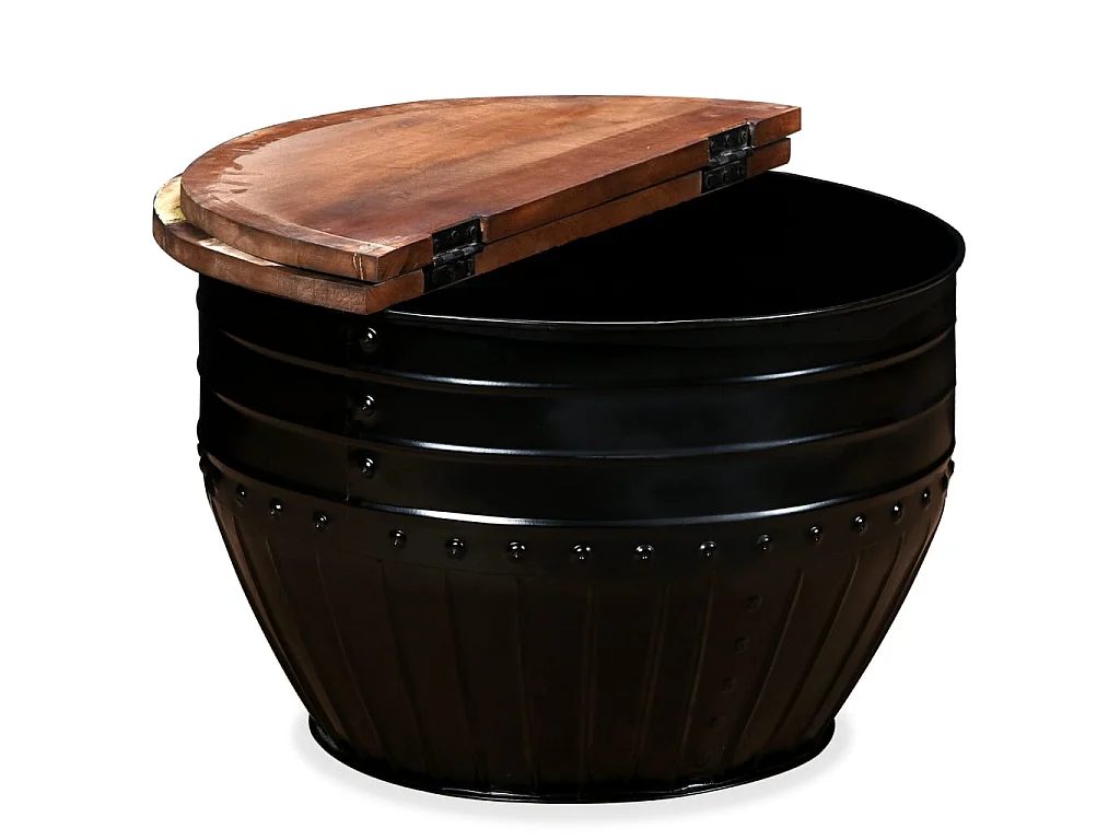 Mesa de centro dorada con forma de barril de madera maciza recuperada, color negro