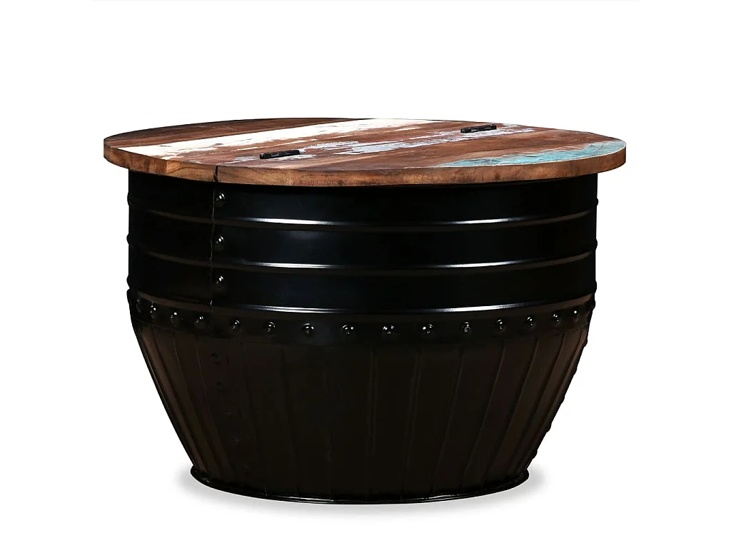 Mesa de centro dorada con forma de barril de madera maciza recuperada, color negro