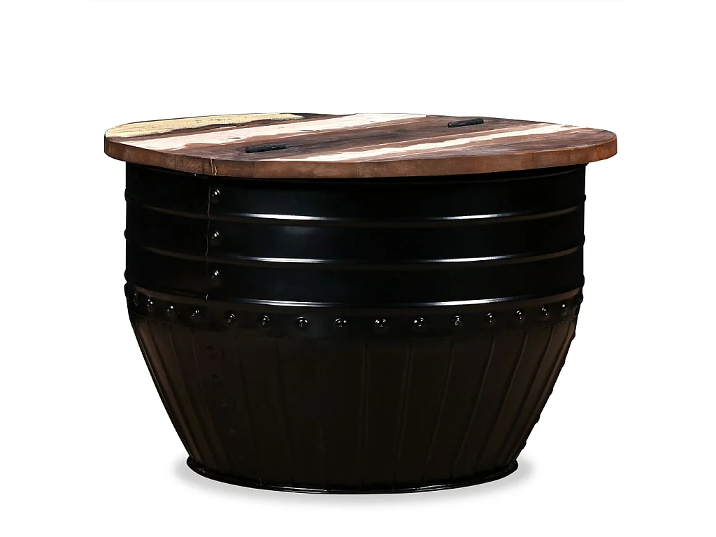 Mesa de centro dorada con forma de barril de madera maciza recuperada, color negro
