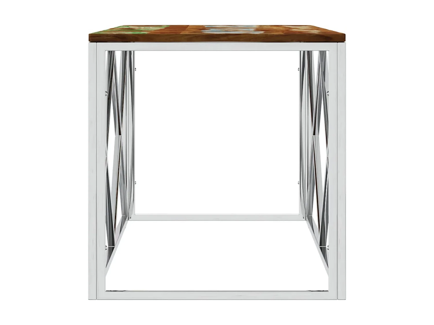 Table basse acier inoxydable et bois massif de récupération