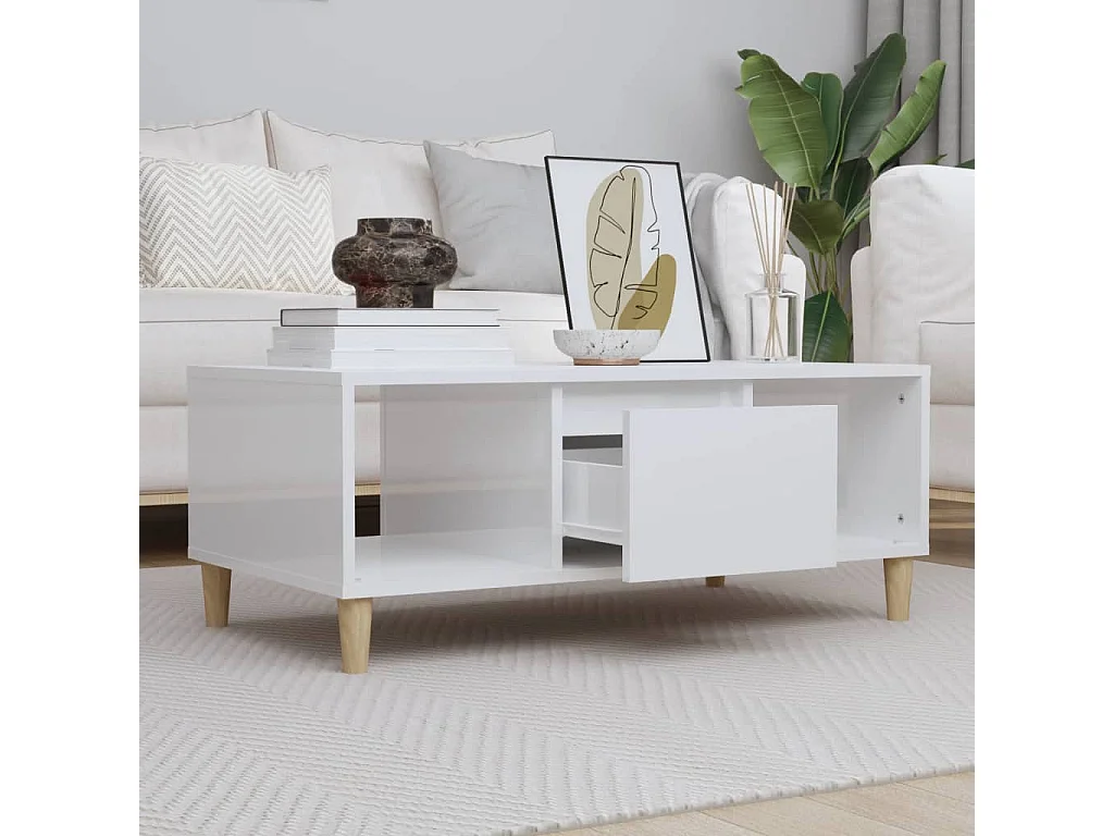 Gold Salontafel Glanzend wit 90x50x36,5 cm Bewerkt hout