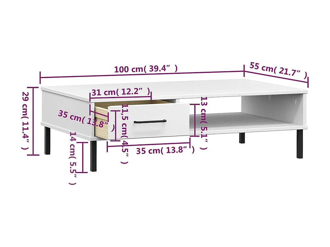 Mesa de centro dorada con patas de metal Madera maciza de pino blanco OSLO