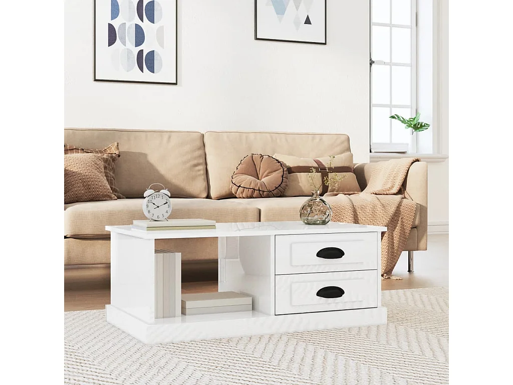 Gold Salontafel Glanzend wit 90x50x35 cm Bewerkt hout