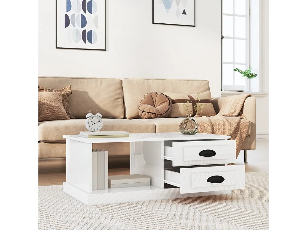 Gold Salontafel Glanzend wit 90x50x35 cm Bewerkt hout